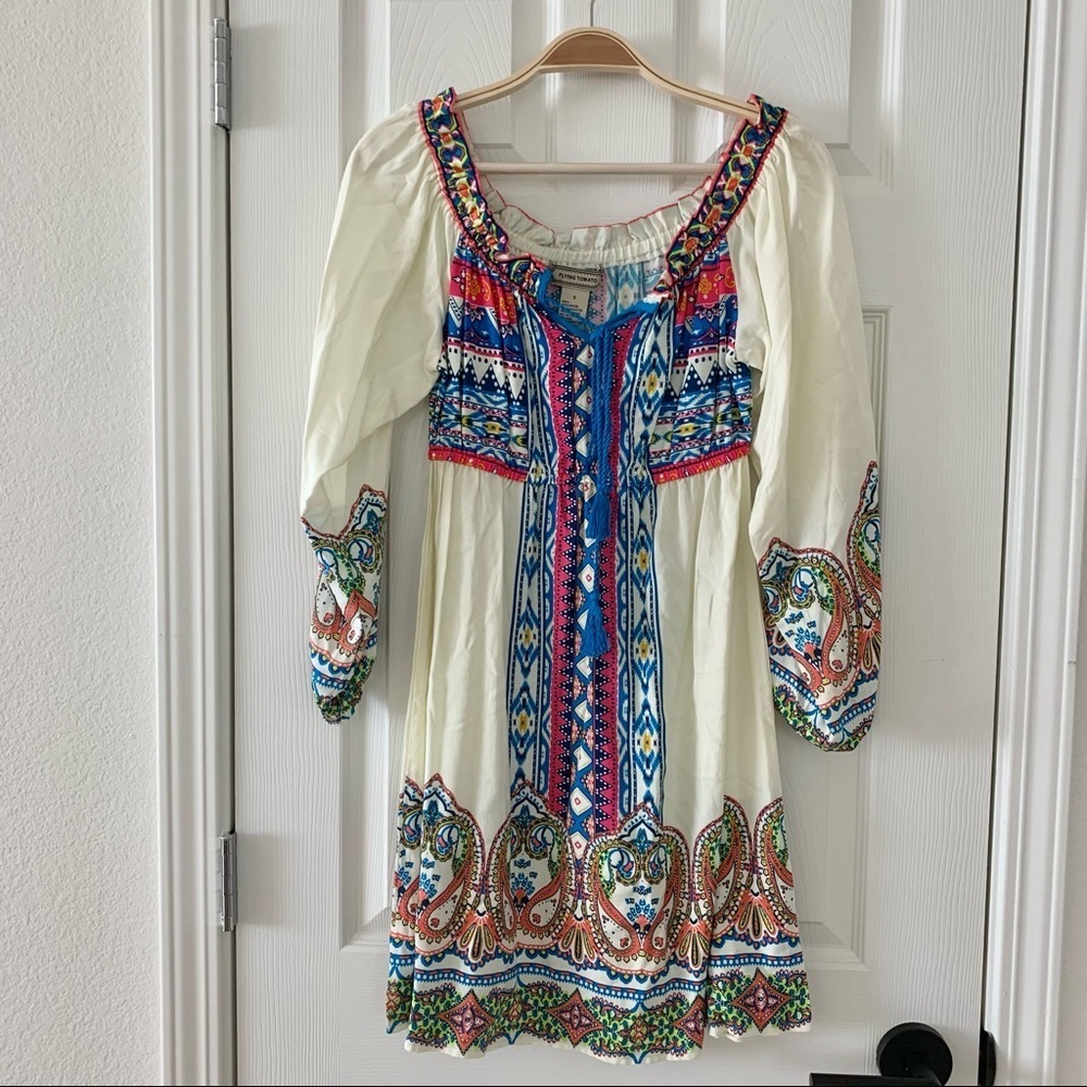 πΌ Cream Off-White Tribal Bohemian Boho Paisley Print Peasant Dress - Picture 6 of 16